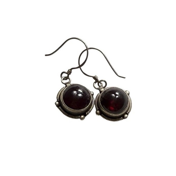 Vintage 925 Sterling Silver Red Cabochon Drop Earrings Garnet Look - Picture 4 of 10
